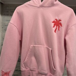 Pink Palm Puff Hoodie with Red Logo